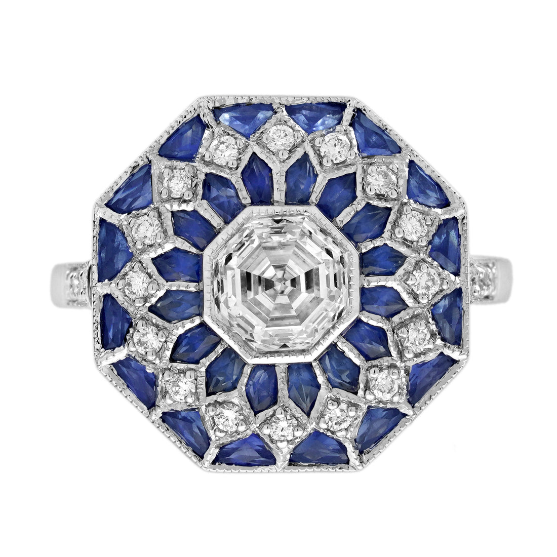 Hexagon Diamond &amp; Blue Sapphire Art Deco Style Mosaic Floral 18K White Gold Ring