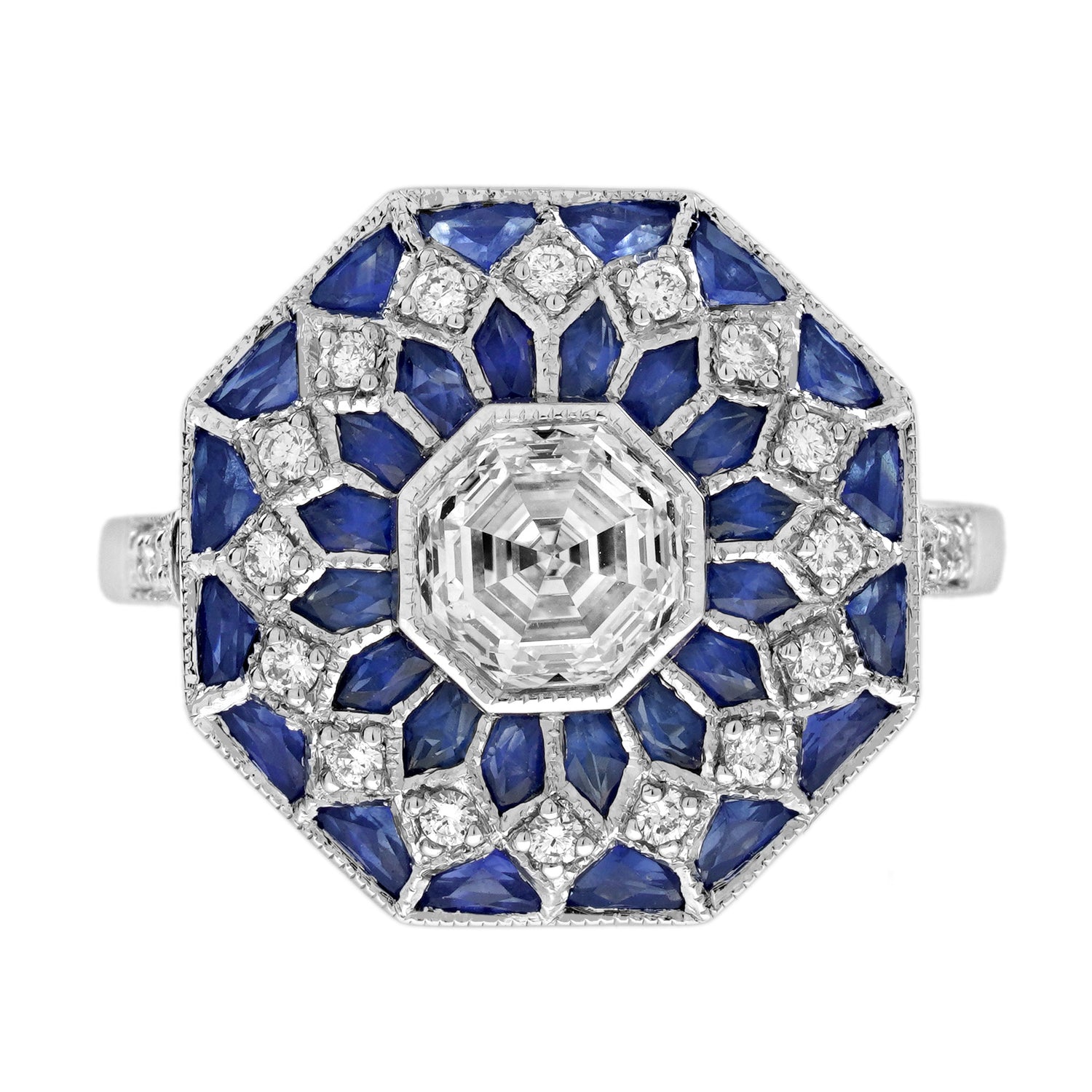 Hexagon Diamond &amp; Blue Sapphire Art Deco Style Mosaic Floral 18K White Gold Ring