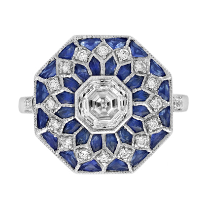 Hexagon Diamond &amp; Blue Sapphire Art Deco Style Mosaic Floral 18K White Gold Ring