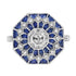 Hexagon Diamond & Blue Sapphire Art Deco Style Mosaic Floral 18K White Gold Ring