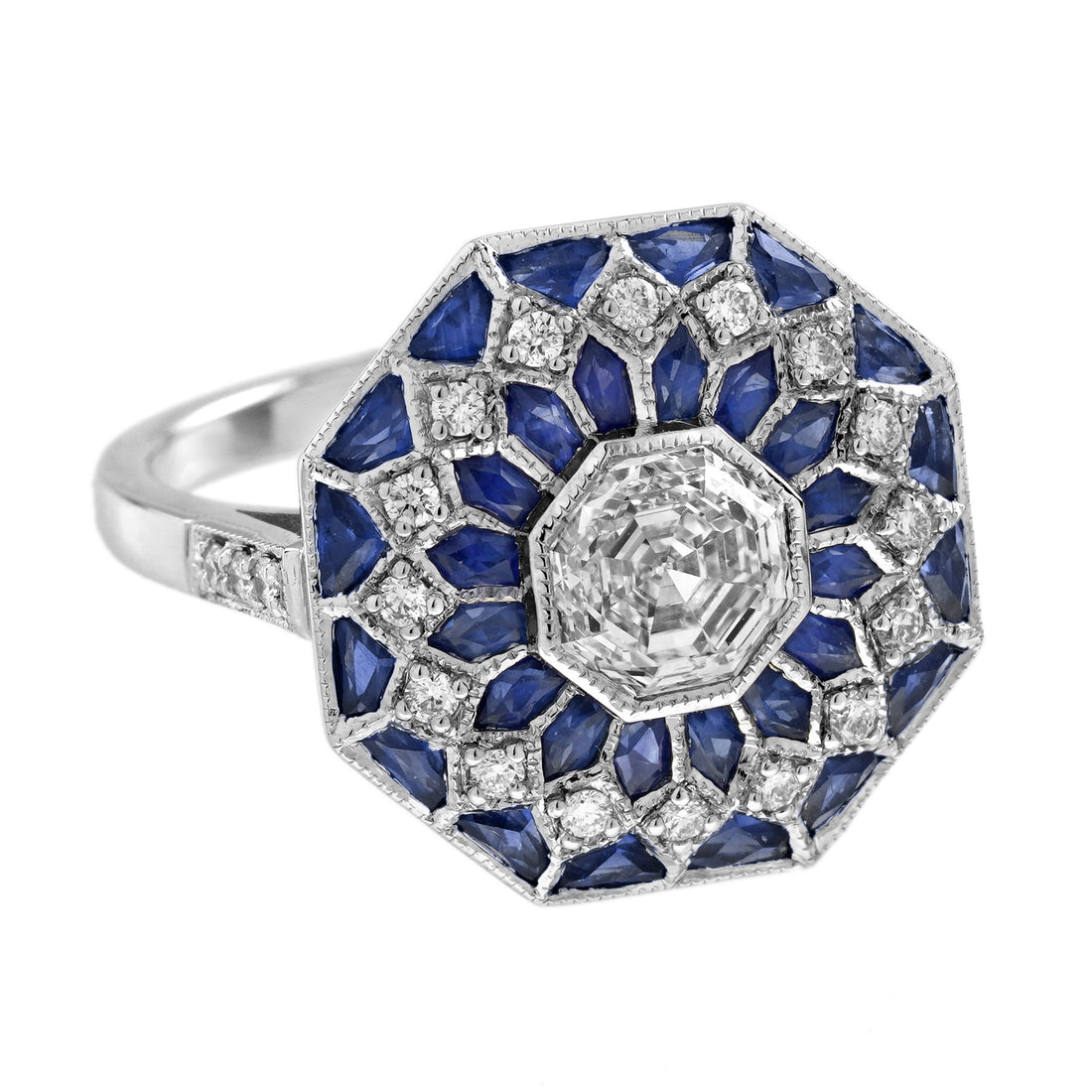 Hexagon Diamond &amp; Blue Sapphire Art Deco Style Mosaic Floral 18K White Gold Ring