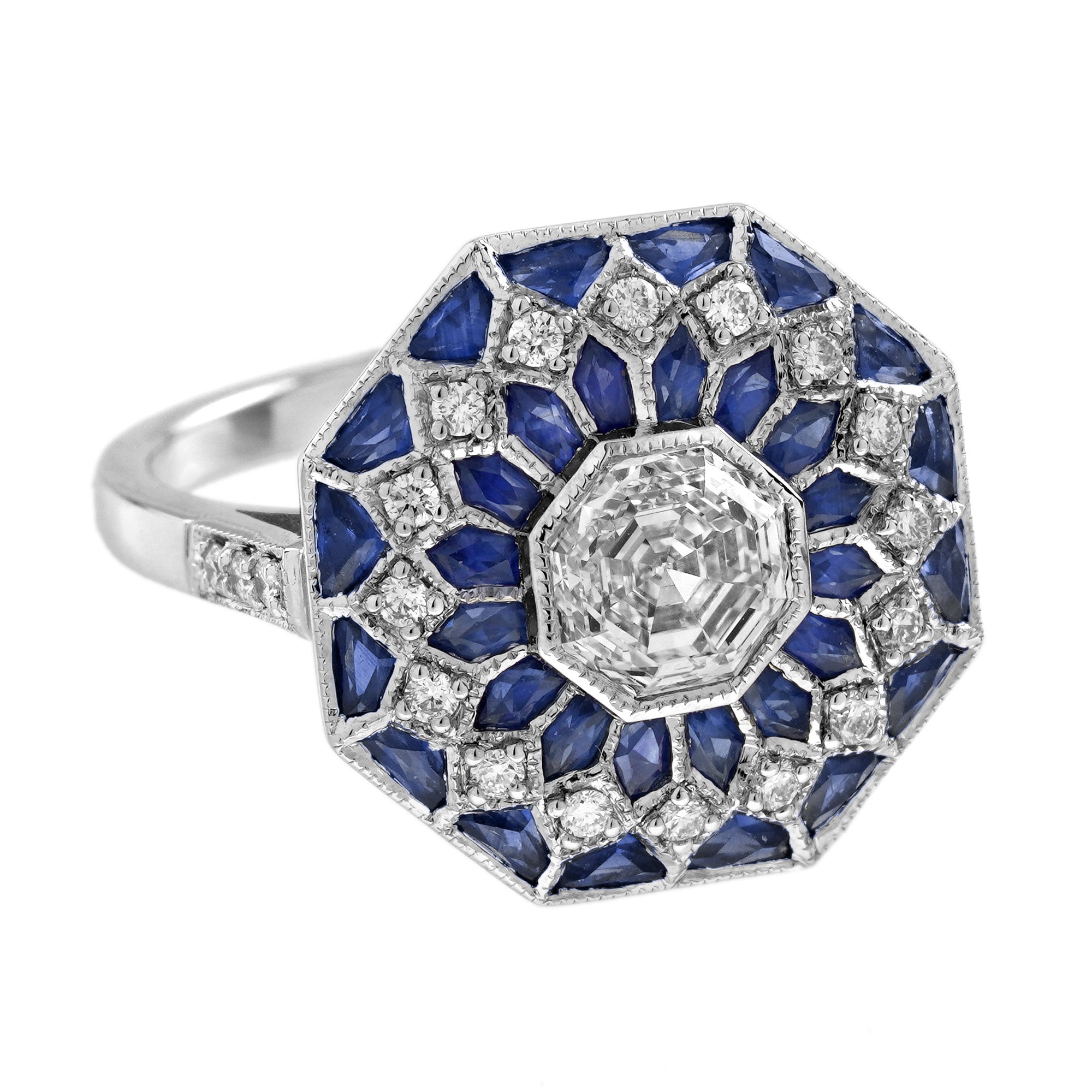 Hexagon Diamond &amp; Blue Sapphire Art Deco Style Mosaic Floral 18K White Gold Ring