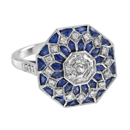 Hexagon Diamond &amp; Blue Sapphire Art Deco Style Mosaic Floral 18K White Gold Ring