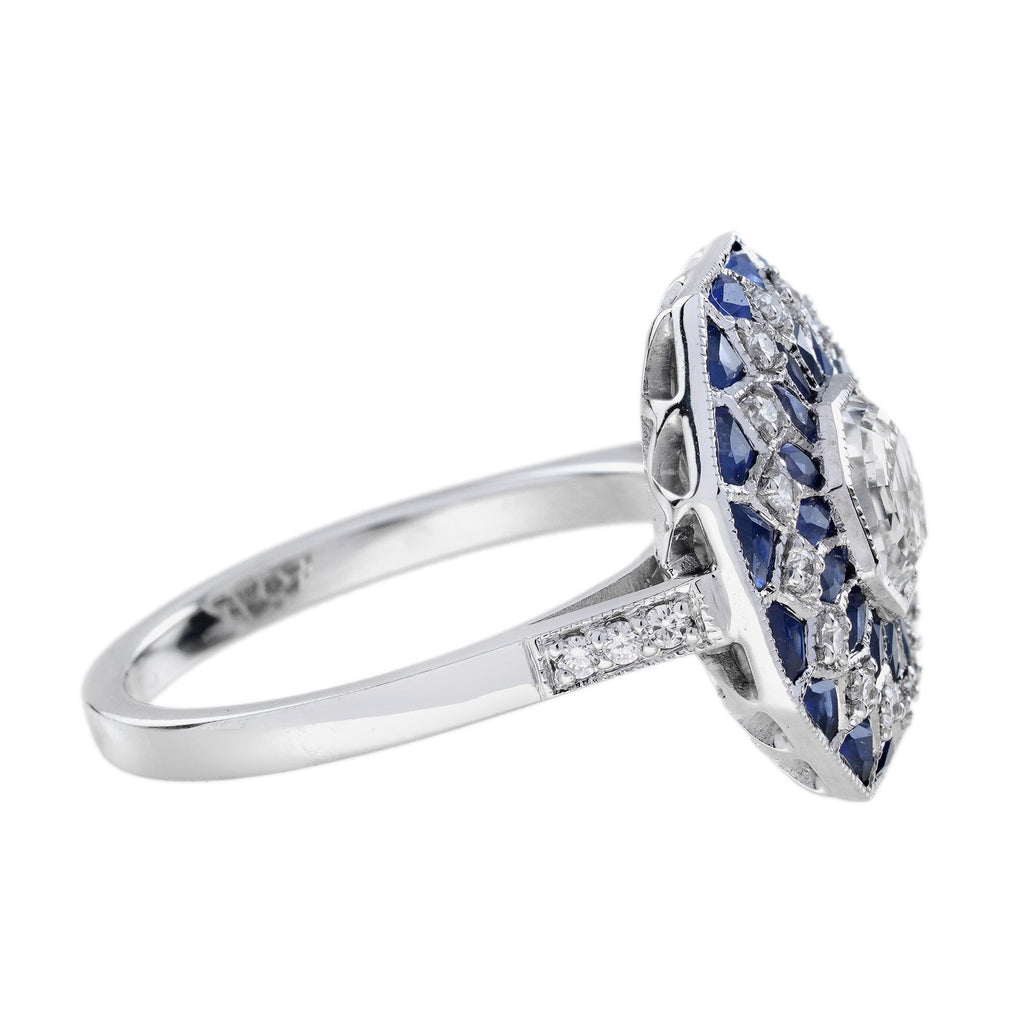 Hexagon Diamond & Blue Sapphire Art Deco Style Mosaic Floral 18K White Gold Ring
