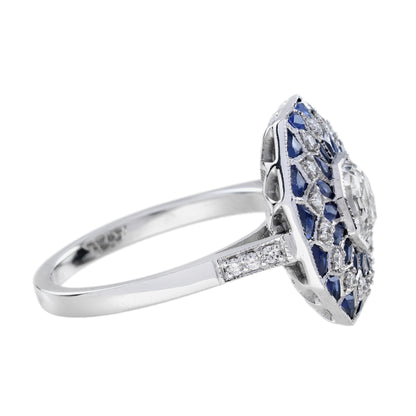 Hexagon Diamond &amp; Blue Sapphire Art Deco Style Mosaic Floral 18K White Gold Ring
