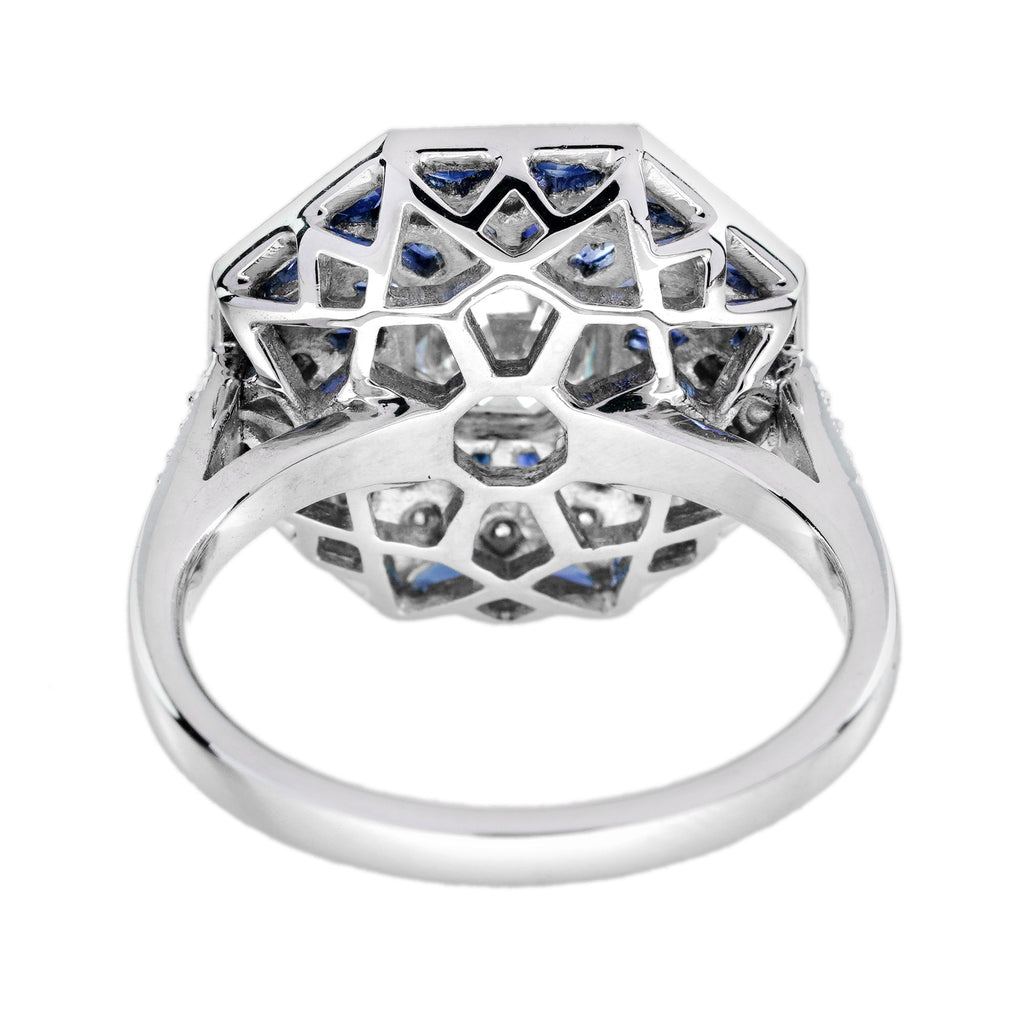 Hexagon Diamond & Blue Sapphire Art Deco Style Mosaic Floral 18K White Gold Ring