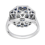 Hexagon Diamond & Blue Sapphire Art Deco Style Mosaic Floral 18K White Gold Ring