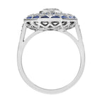 Hexagon Diamond & Blue Sapphire Art Deco Style Mosaic Floral 18K White Gold Ring