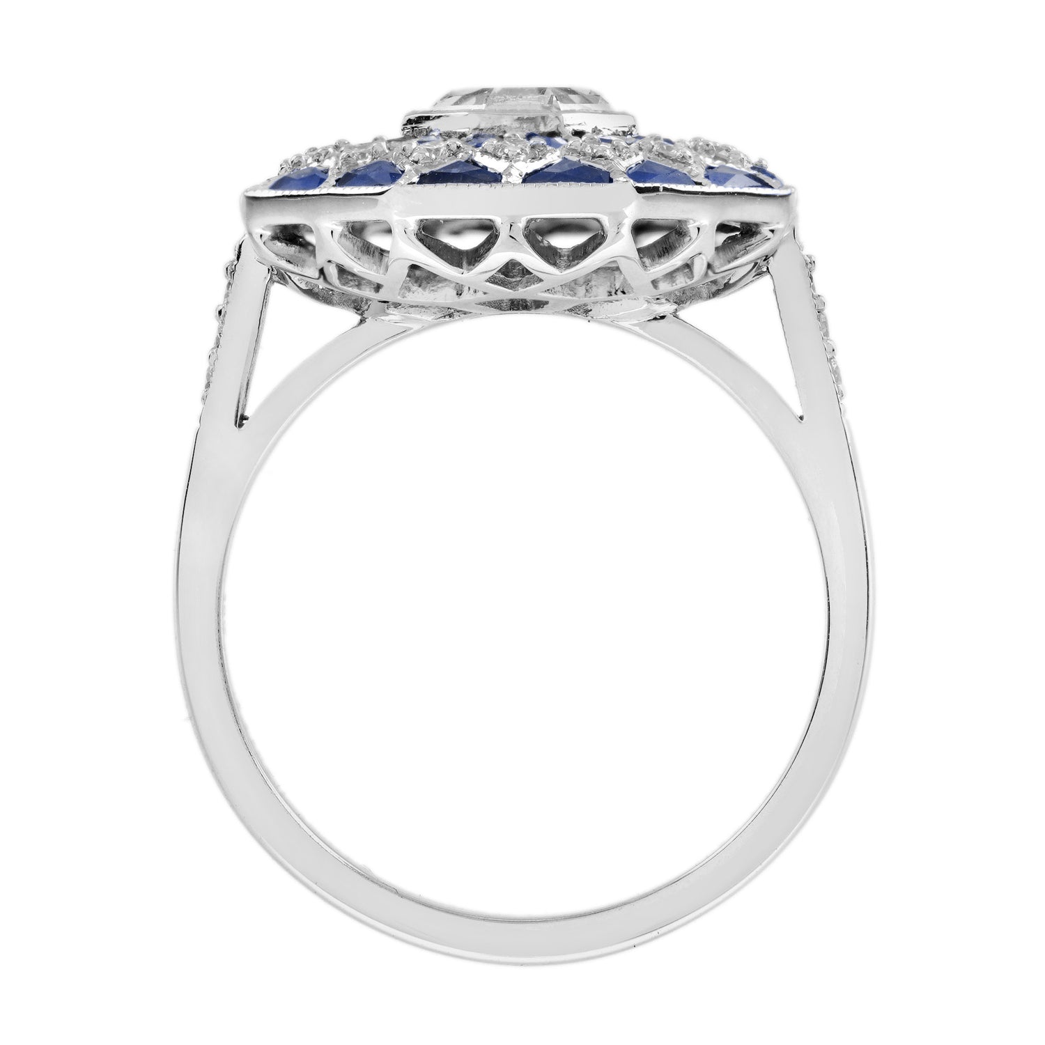 Hexagon Diamond &amp; Blue Sapphire Art Deco Style Mosaic Floral 18K White Gold Ring