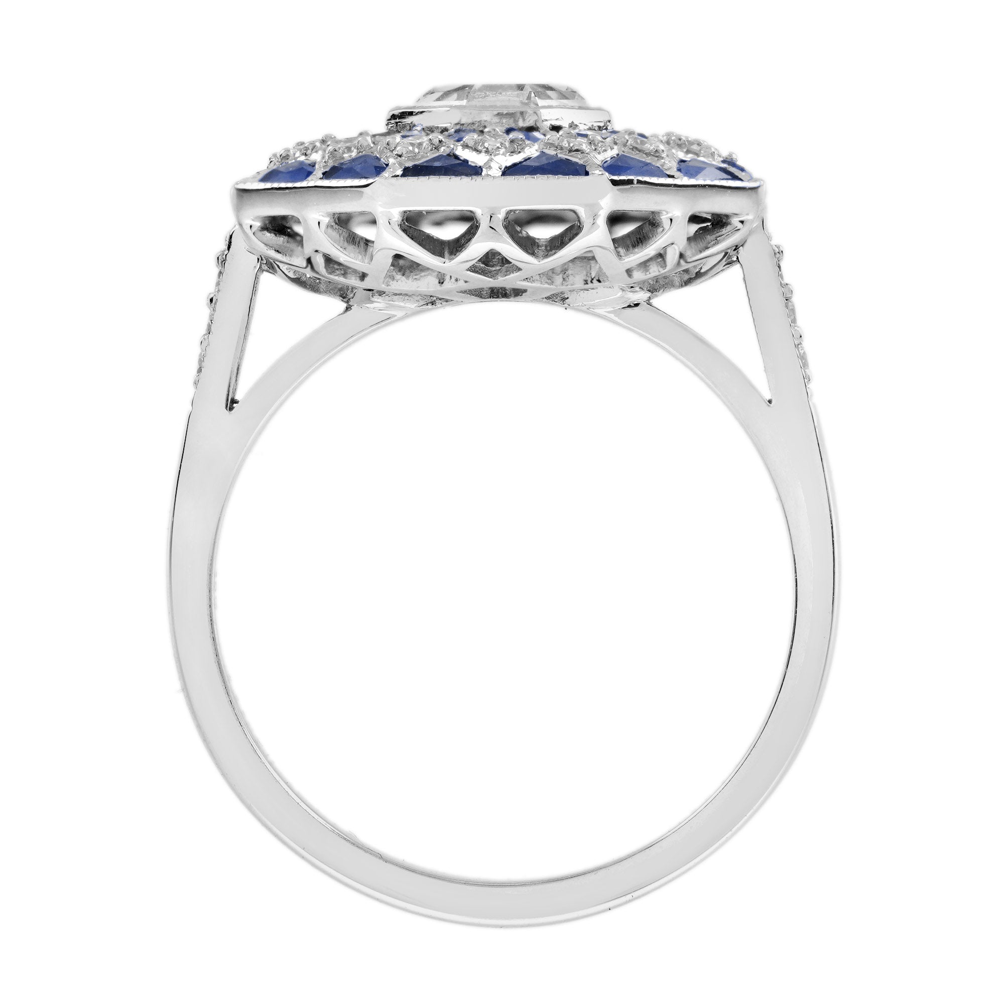 Hexagon Diamond &amp; Blue Sapphire Art Deco Style Mosaic Floral 18K White Gold Ring