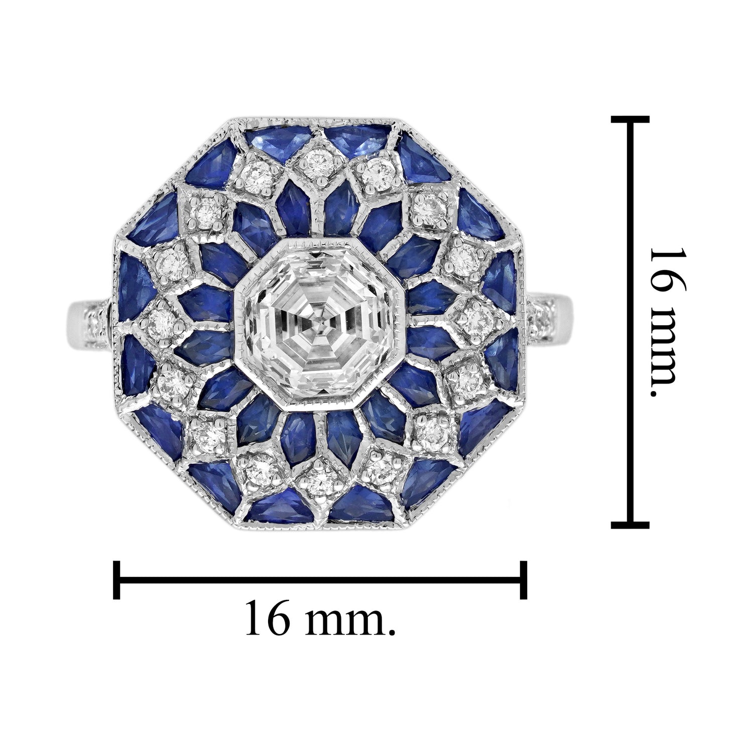 Hexagon Diamond &amp; Blue Sapphire Art Deco Style Mosaic Floral 18K White Gold Ring