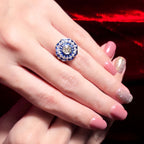 Hexagon Diamond & Blue Sapphire Art Deco Style Mosaic Floral 18K White Gold Ring