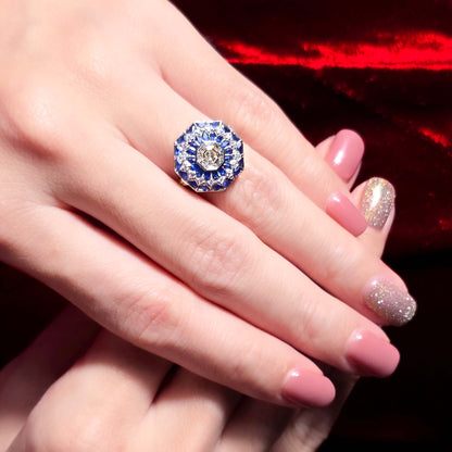 Hexagon Diamond &amp; Blue Sapphire Art Deco Style Mosaic Floral 18K White Gold Ring