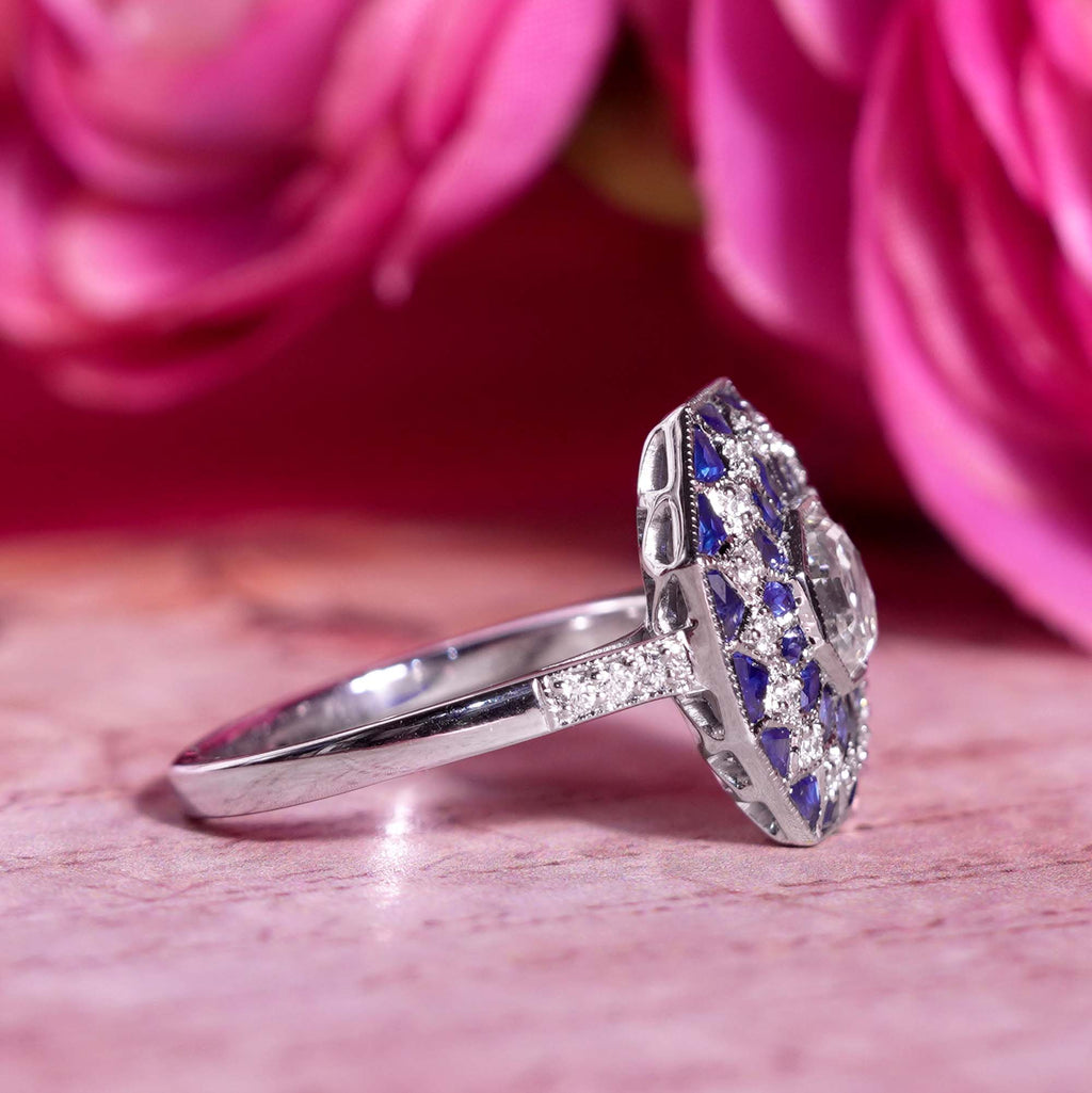 Hexagon Diamond & Blue Sapphire Art Deco Style Mosaic Floral 18K White Gold Ring