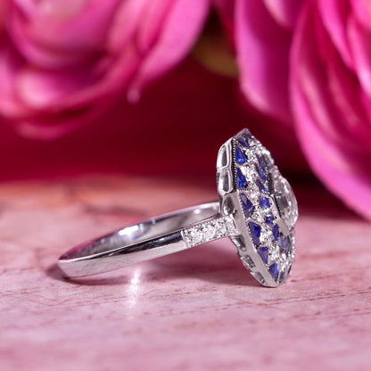 Hexagon Diamond &amp; Blue Sapphire Art Deco Style Mosaic Floral 18K White Gold Ring