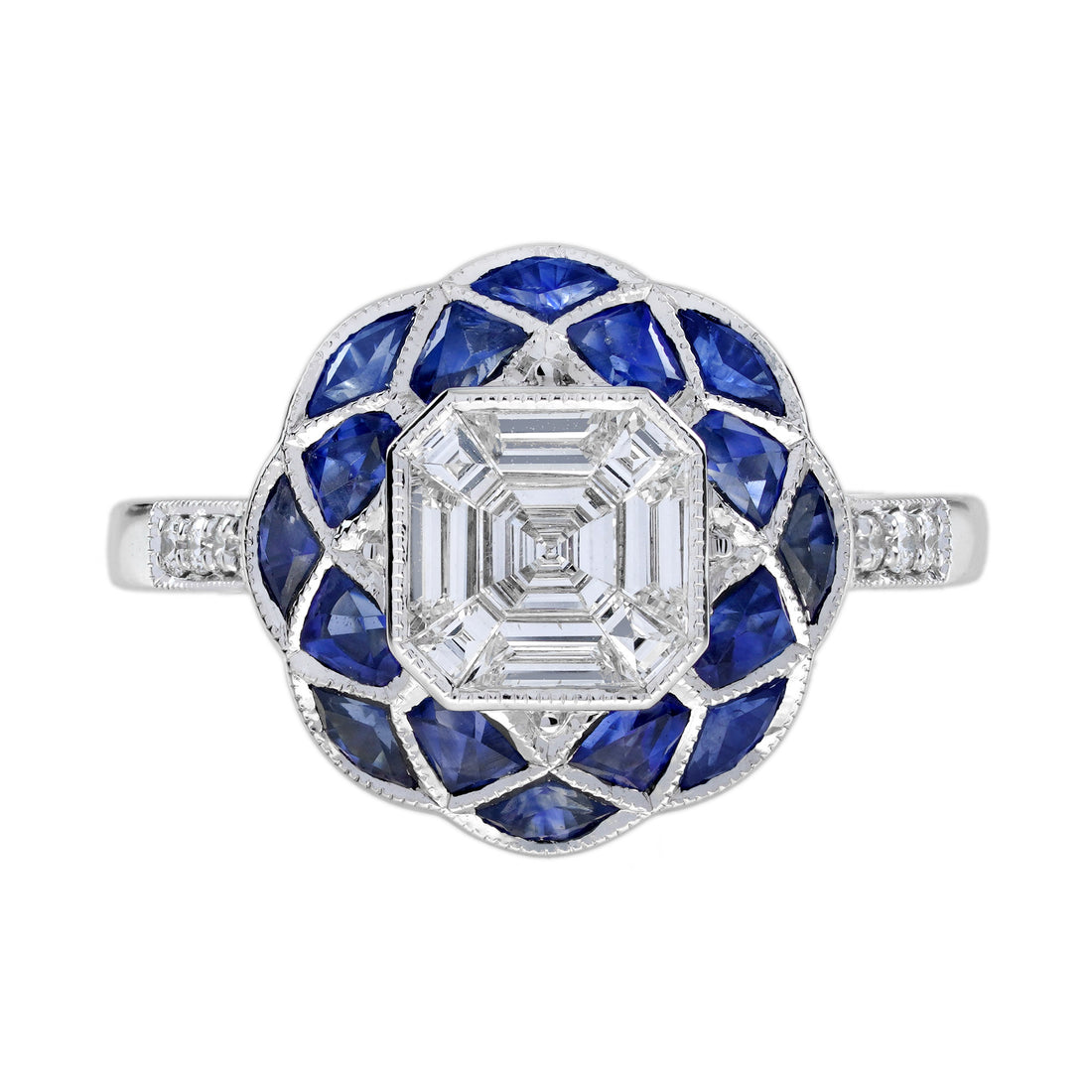 Illusion Diamond Set &amp; Blue Sapphire Art Deco Style Floral White Gold Ring