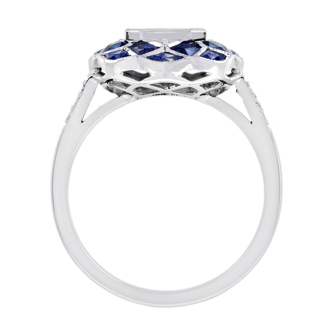 Illusion Diamond Set &amp; Blue Sapphire Art Deco Style Floral White Gold Ring