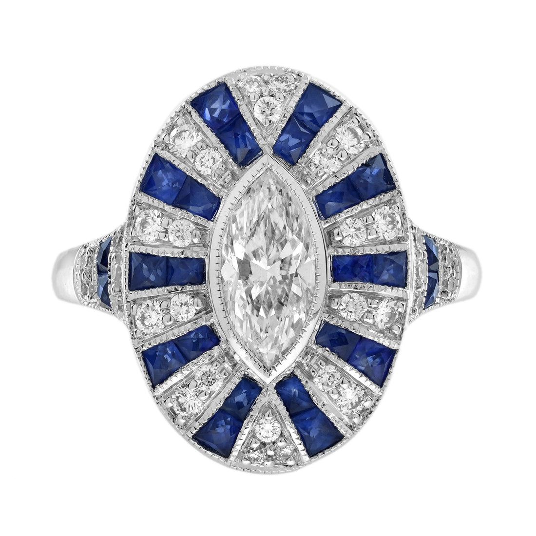 Marquise Shape Diamond &amp; Blue Sapphire Art Deco Style 18K White Gold Shield Ring