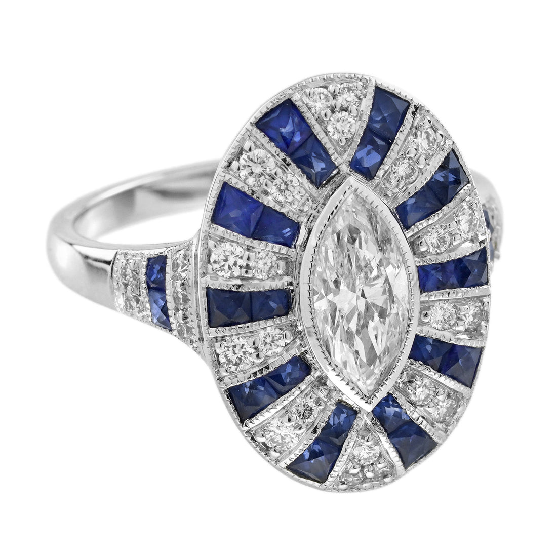 Marquise Shape Diamond &amp; Blue Sapphire Art Deco Style 18K White Gold Shield Ring