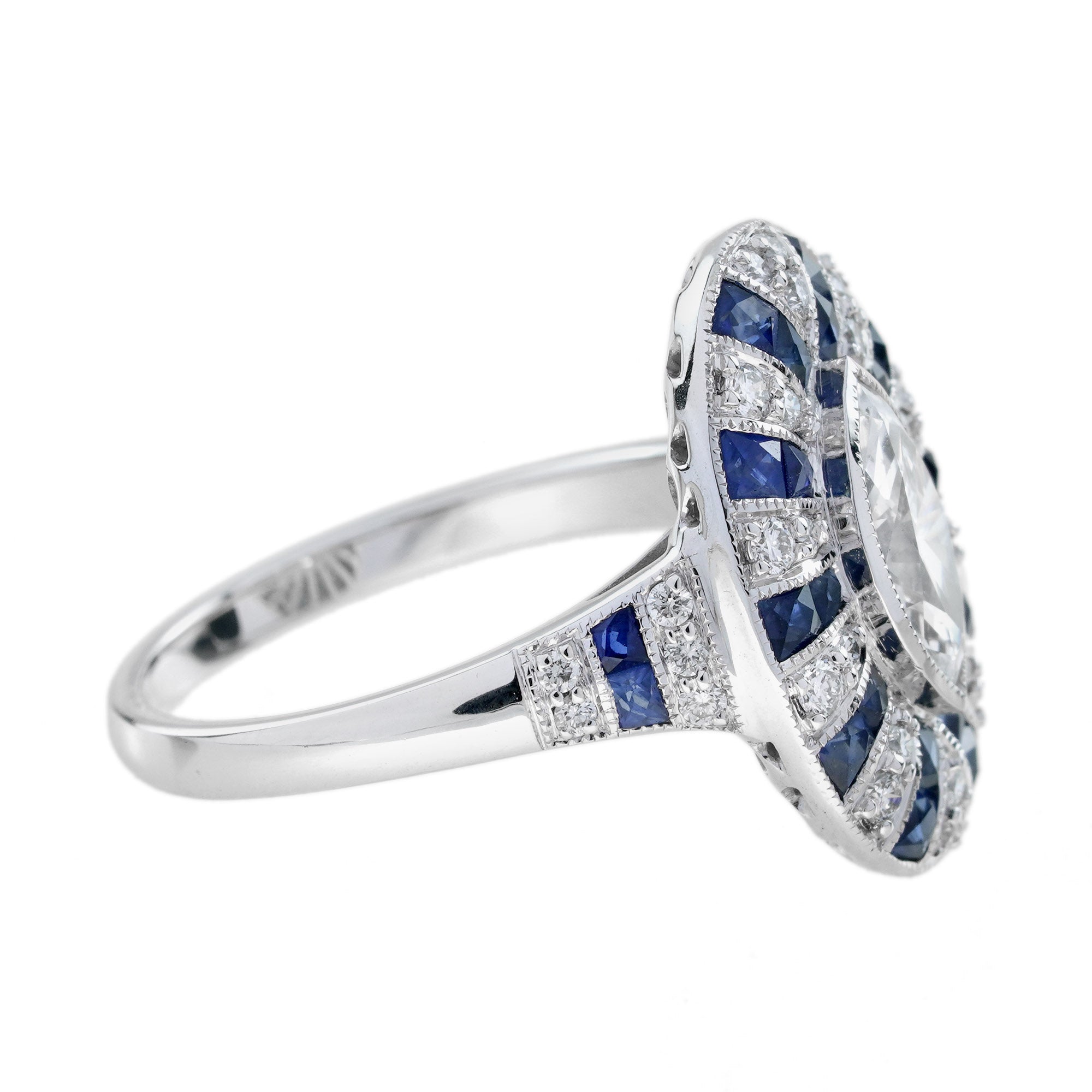 Marquise Shape Diamond &amp; Blue Sapphire Art Deco Style 18K White Gold Shield Ring