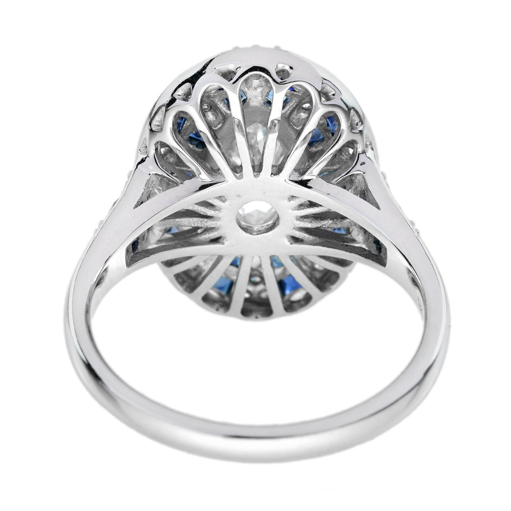 Marquise Shape Diamond & Blue Sapphire Art Deco Style 18K White Gold Shield Ring