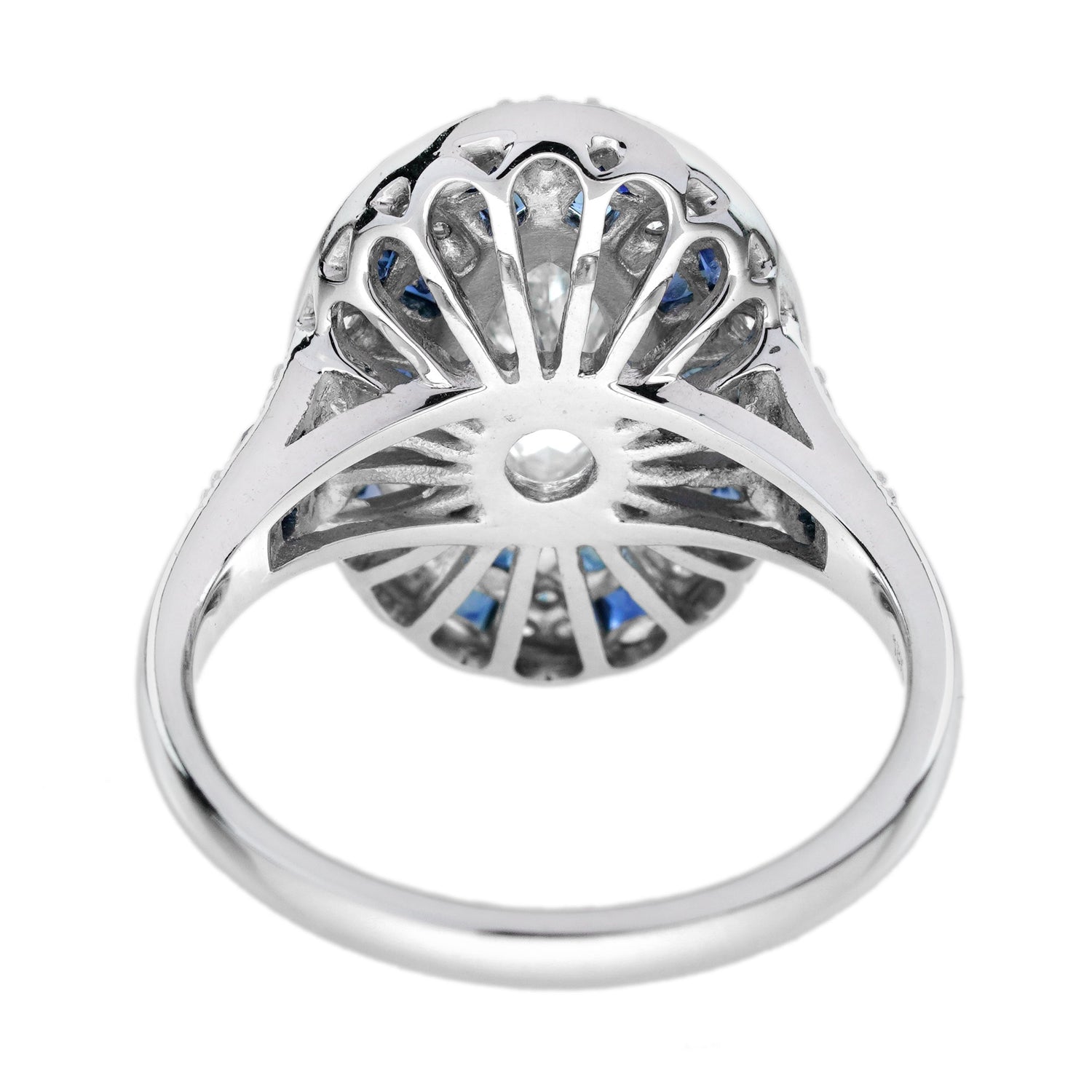 Marquise Shape Diamond &amp; Blue Sapphire Art Deco Style 18K White Gold Shield Ring