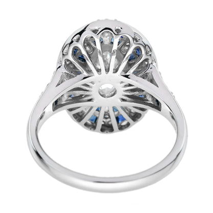 Marquise Shape Diamond &amp; Blue Sapphire Art Deco Style 18K White Gold Shield Ring