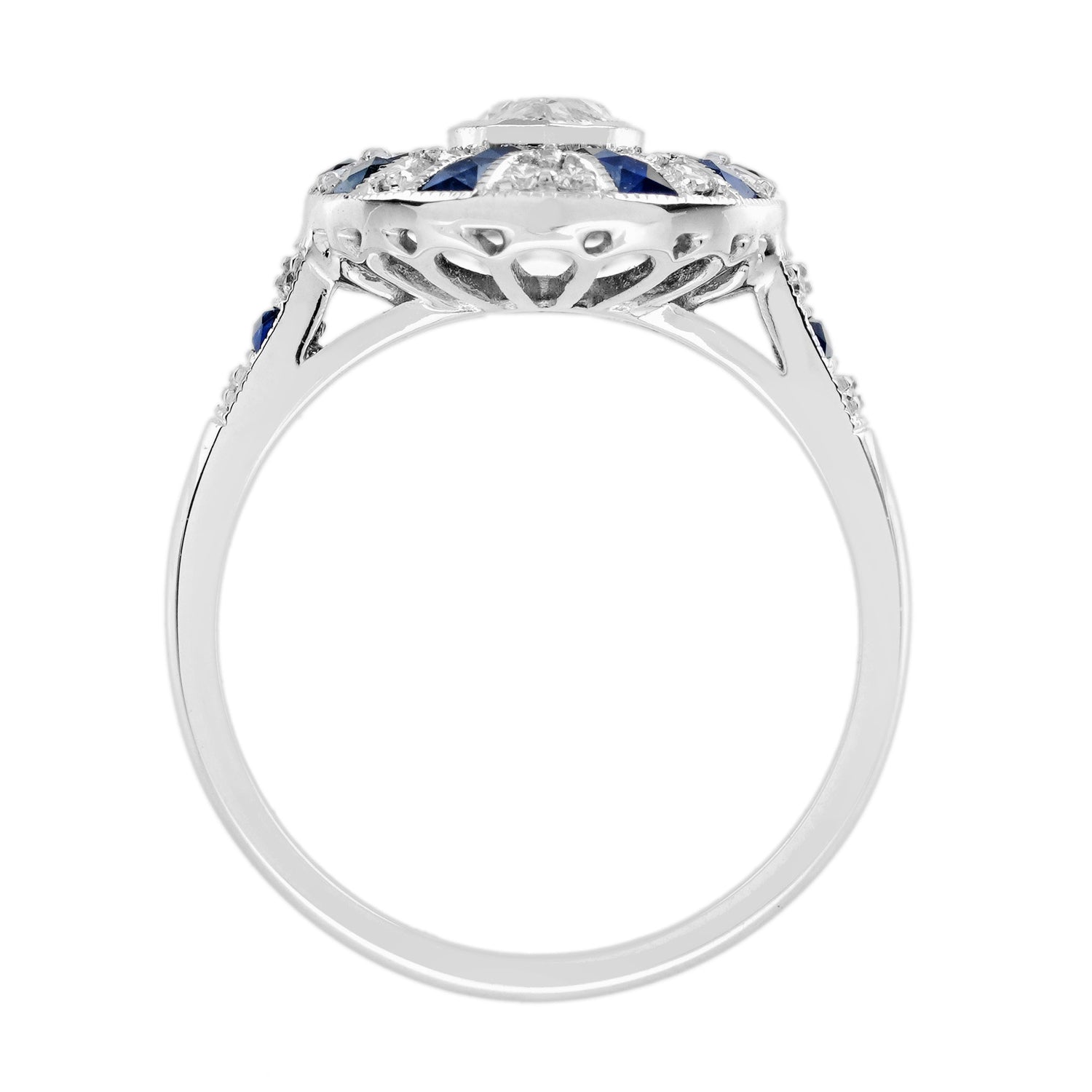 Marquise Shape Diamond &amp; Blue Sapphire Art Deco Style 18K White Gold Shield Ring