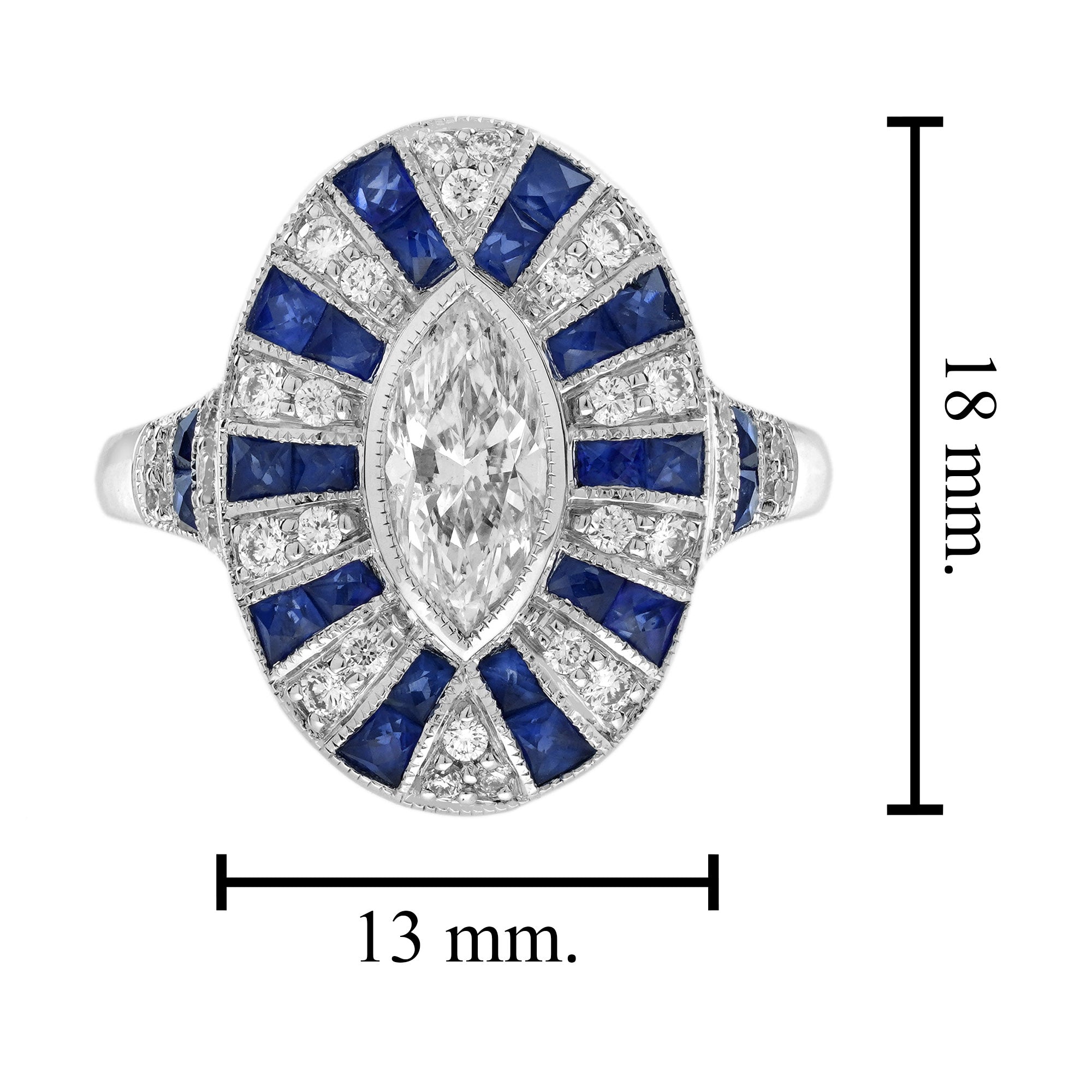 Marquise Shape Diamond &amp; Blue Sapphire Art Deco Style 18K White Gold Shield Ring