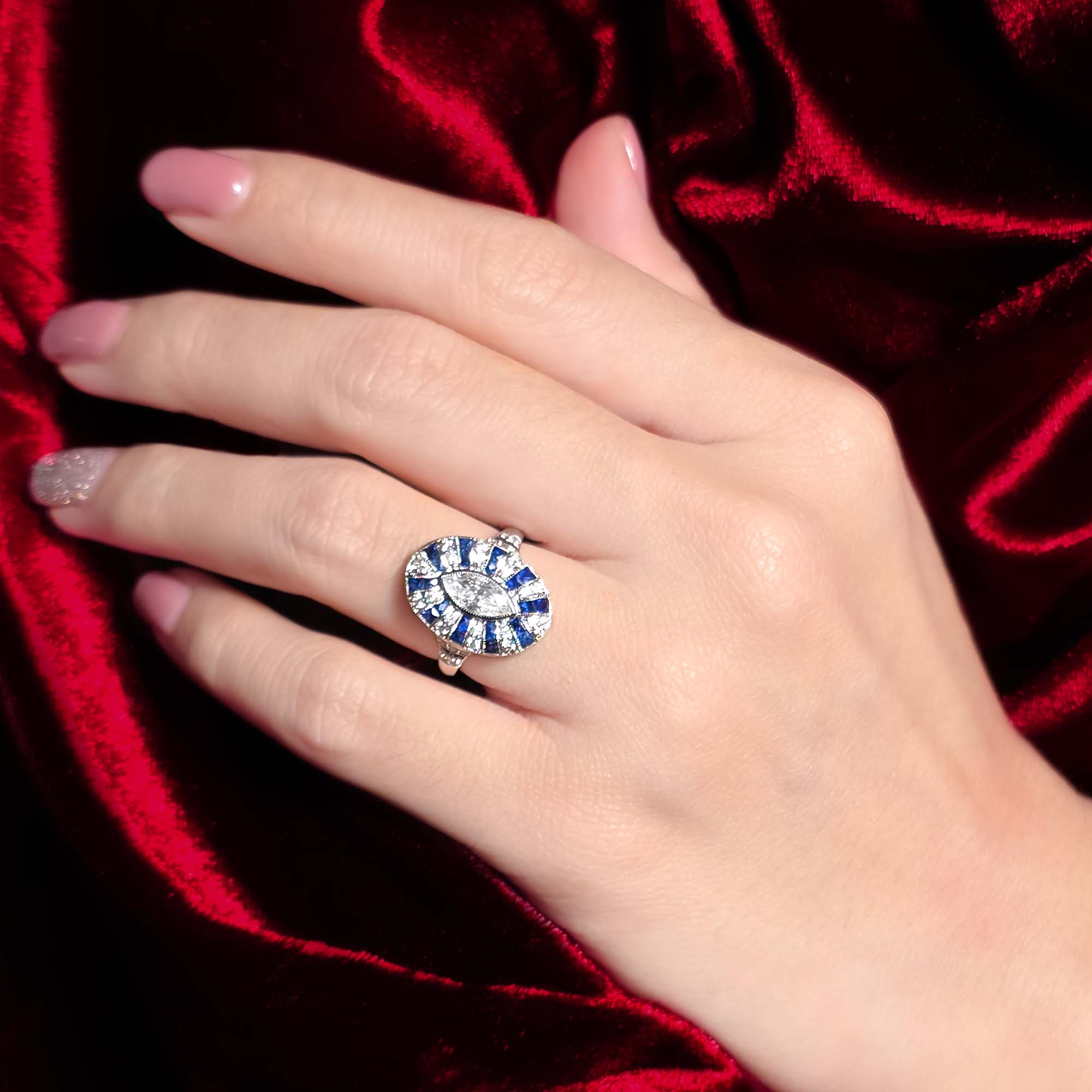 Marquise Shape Diamond &amp; Blue Sapphire Art Deco Style 18K White Gold Shield Ring
