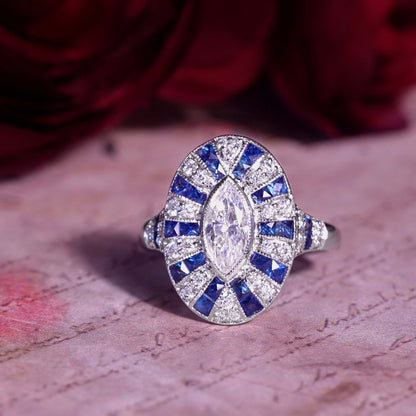 Marquise Shape Diamond &amp; Blue Sapphire Art Deco Style 18K White Gold Shield Ring