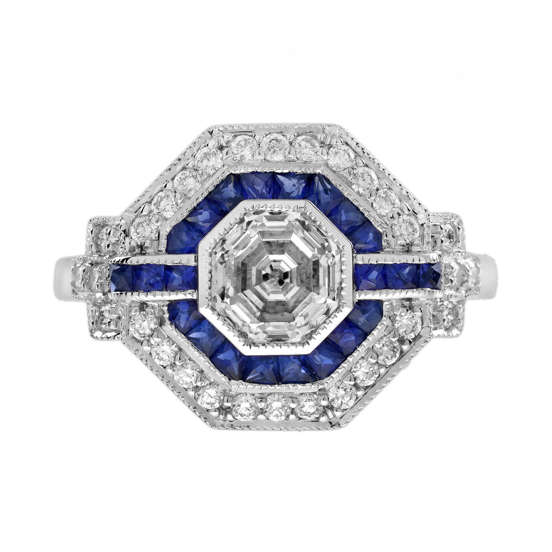 Hexagon Step Cut Diamond French Cut Blue Sapphire Art Deco Style Halo Gold Ring