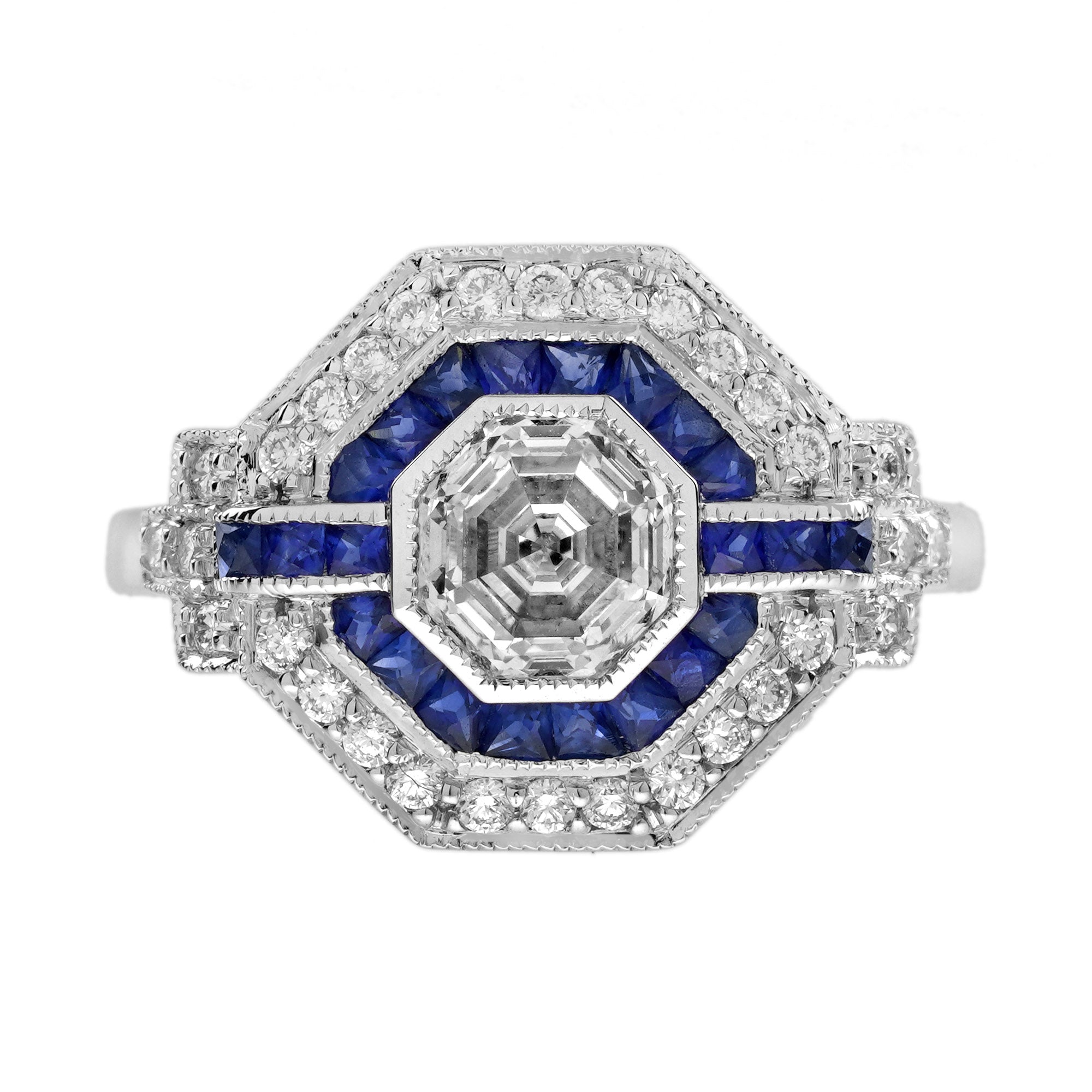 Hexagon Step Cut Diamond French Cut Blue Sapphire Art Deco Style Halo Gold Ring