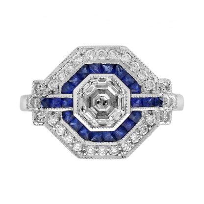 Hexagon Step Cut Diamond French Cut Blue Sapphire Art Deco Style Halo Gold Ring