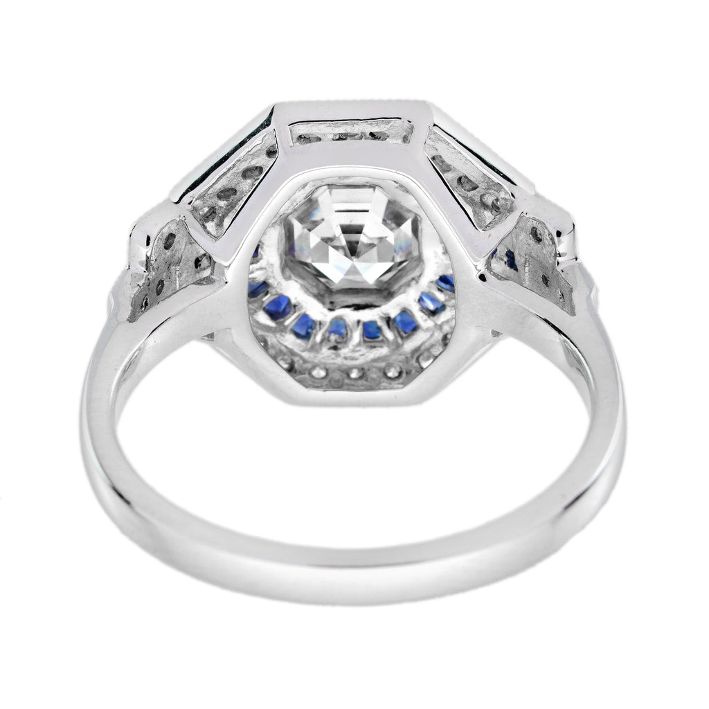Hexagon Step Cut Diamond French Cut Blue Sapphire Art Deco Style Halo Gold Ring
