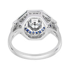 Hexagon Step Cut Diamond French Cut Blue Sapphire Art Deco Style Halo Gold Ring
