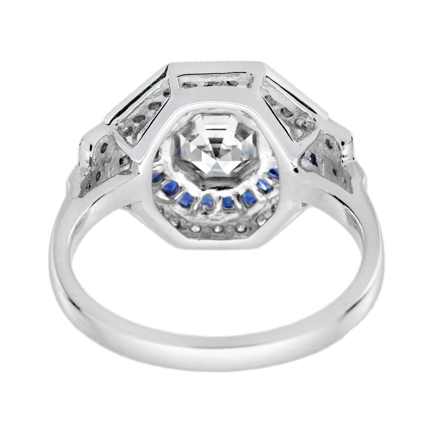 Hexagon Step Cut Diamond French Cut Blue Sapphire Art Deco Style Halo Gold Ring