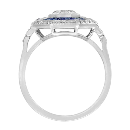 Hexagon Step Cut Diamond French Cut Blue Sapphire Art Deco Style Halo Gold Ring