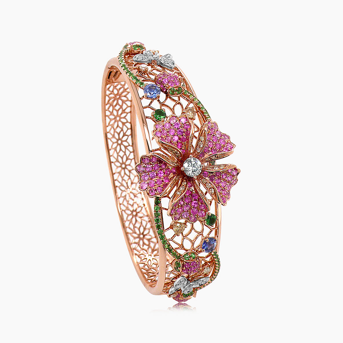 pink sapphire & ruby & white diamond floral butterfly rose gold bangle bracelet
