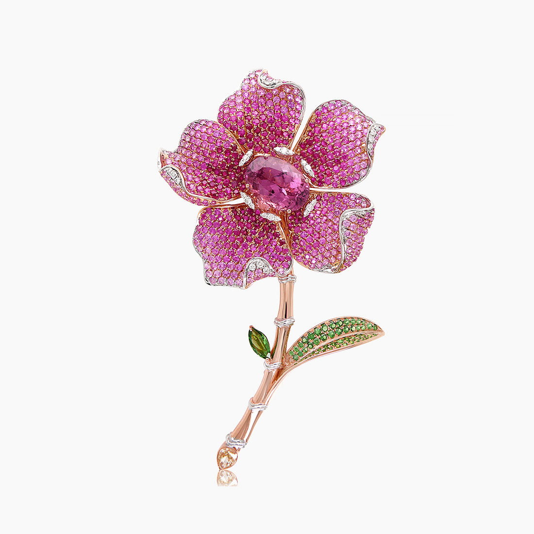 Pink Tourmaline & Ruby & Pink Sapphire & Multi Gem Floral Rose Gold Pin Brooch