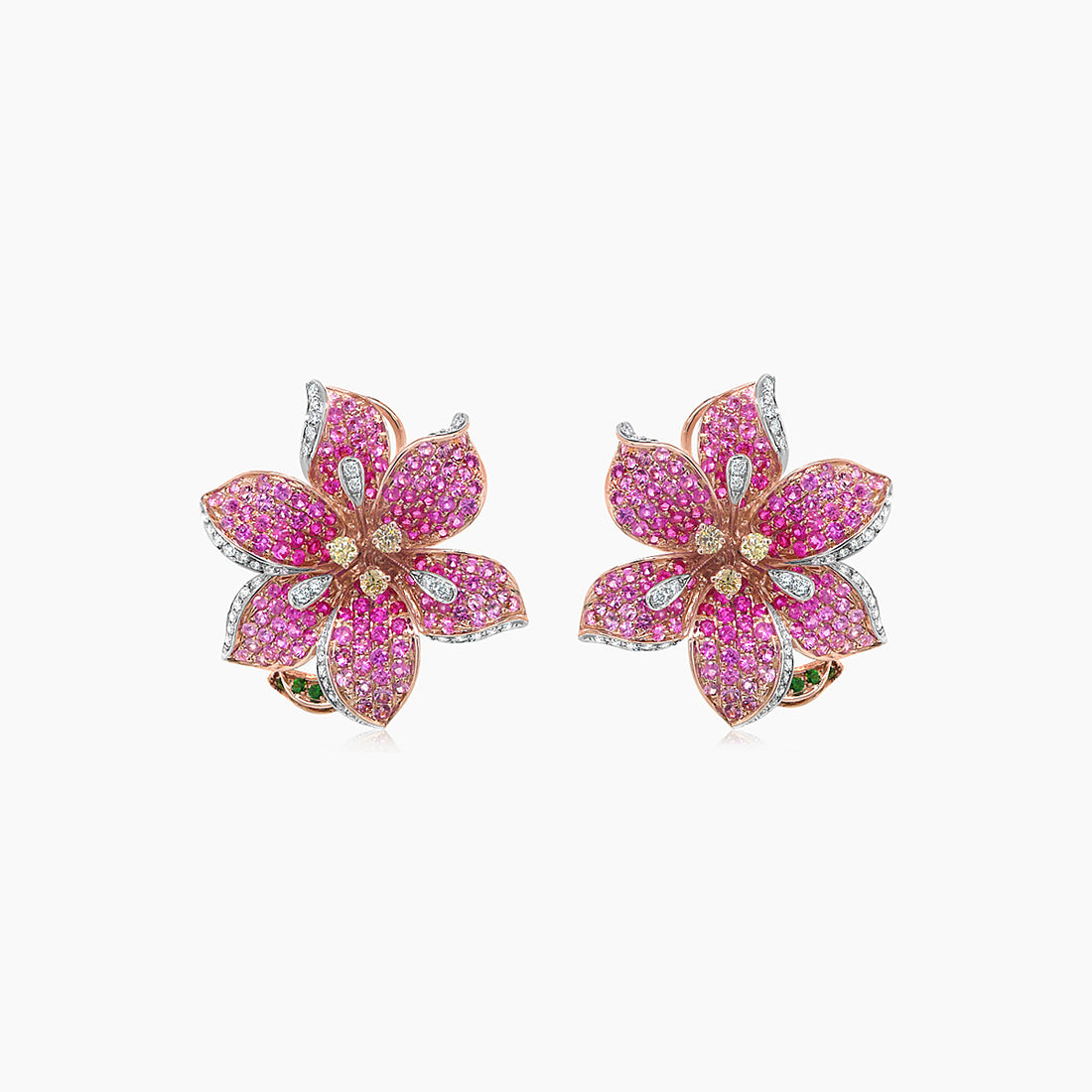 Pink Sapphire Ruby White & Fancy Diamond Lilly Flower 18K Rose Gold Earrings