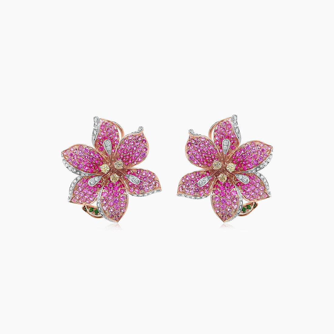 Pink Sapphire Ruby White &amp; Fancy Diamond Lilly Flower 18K Rose Gold Earrings