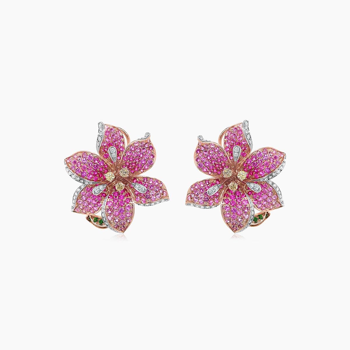 pink sapphire ruby white & fancy diamond lilly flower 18k rose gold earrings