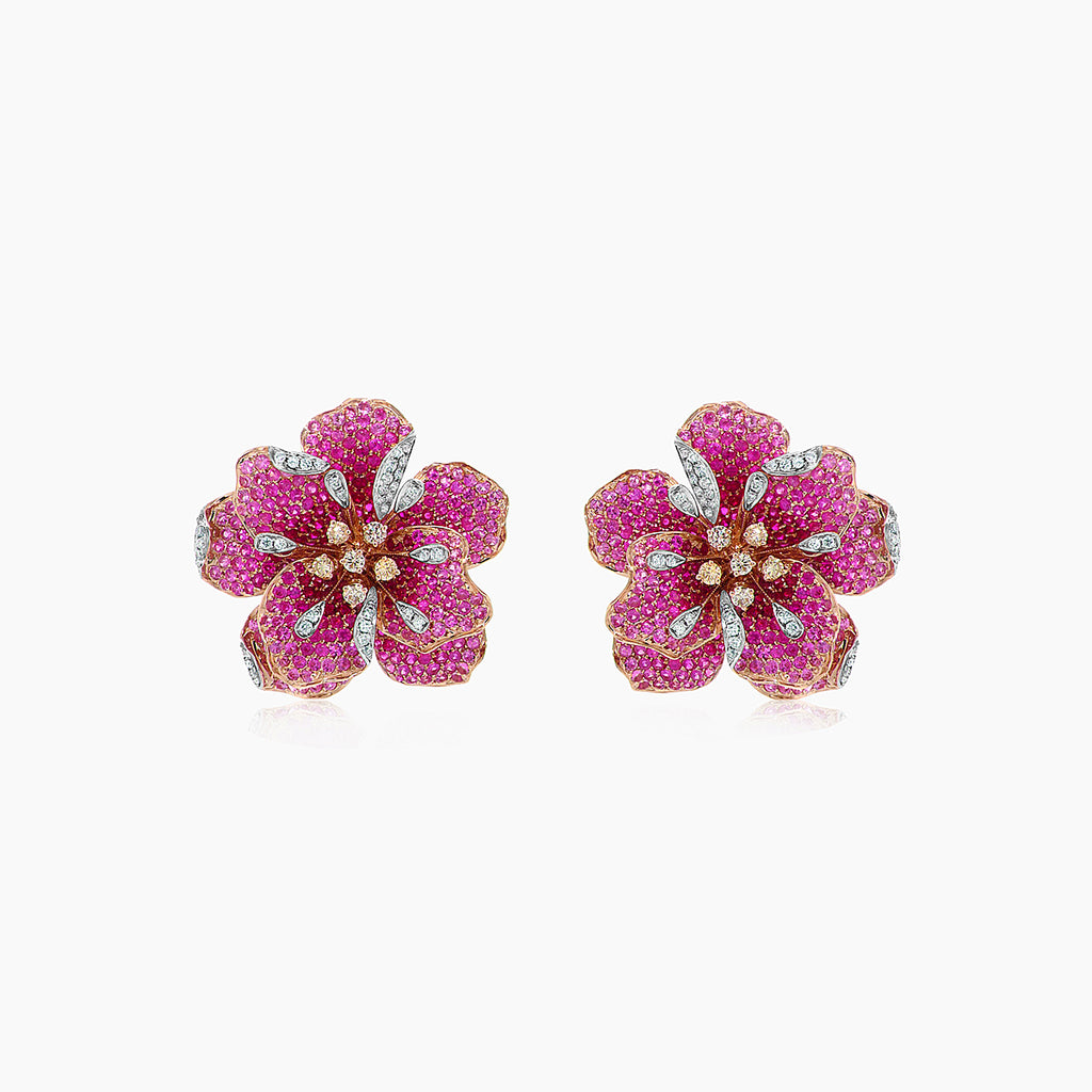 Pink Sapphire Ruby Fancy & White Diamond Lilly Flower 18K Rose Gold Earrings