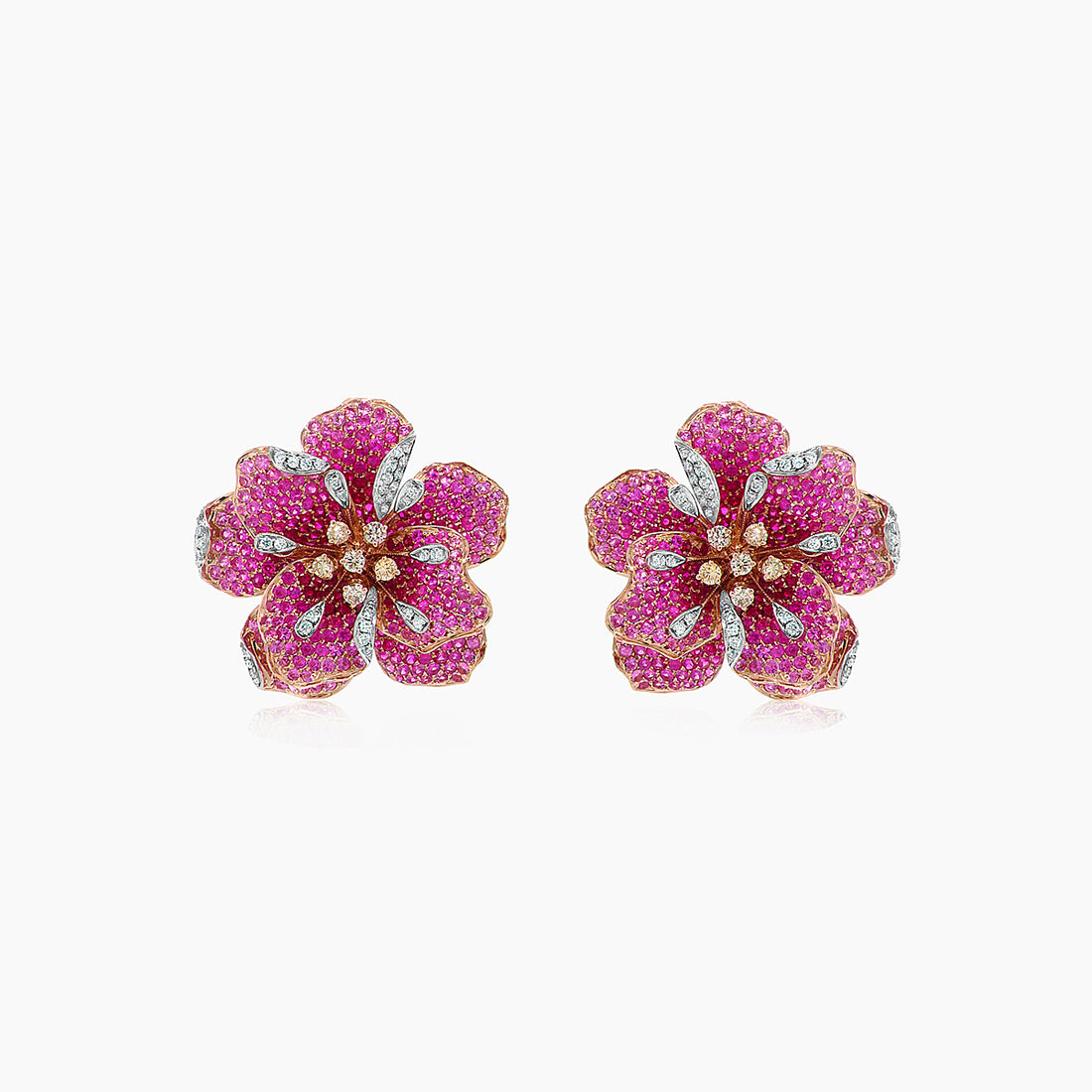 Pink Sapphire Ruby Fancy &amp; White Diamond Lilly Flower 18K Rose Gold Earrings