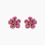 Pink Sapphire Ruby Fancy & White Diamond Lilly Flower 18K Rose Gold Earrings