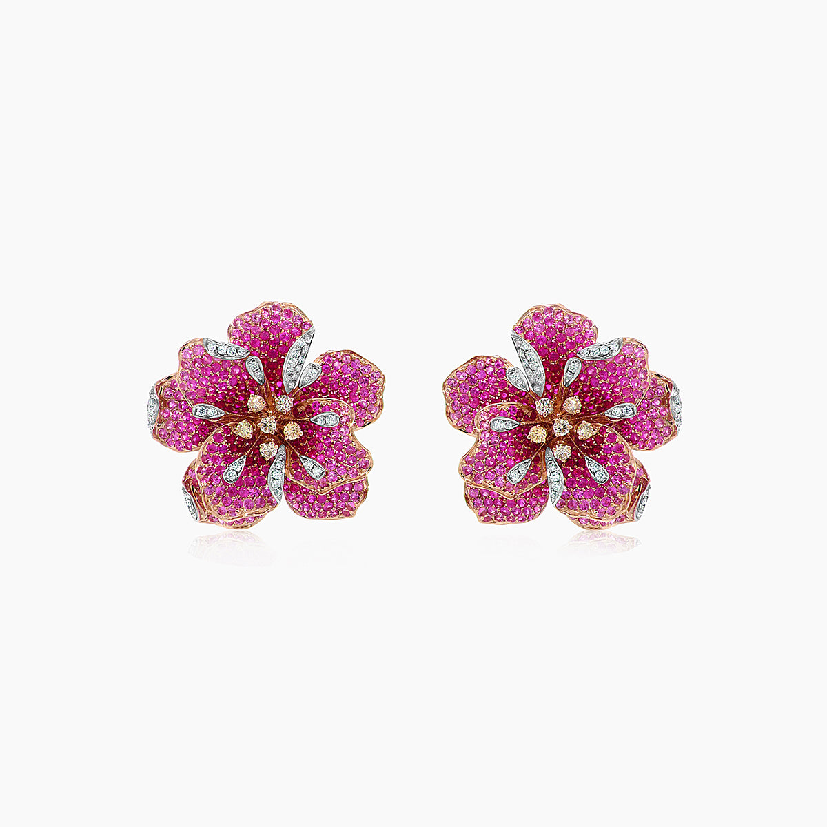 Pink Sapphire Ruby Fancy & White Diamond Lilly Flower 18K Rose Gold Earrings