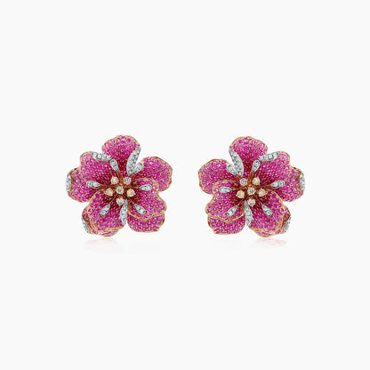 Pink Sapphire Ruby Fancy & White Diamond Lilly Flower 18K Rose Gold Earrings