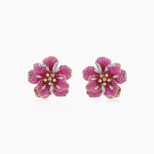 Pink Sapphire Ruby Fancy & White Diamond Lilly Flower 18K Rose Gold Earrings