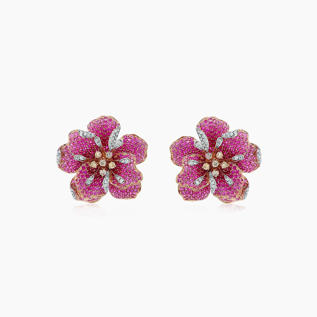 Pink Sapphire Ruby Fancy &amp; White Diamond Lilly Flower 18K Rose Gold Earrings